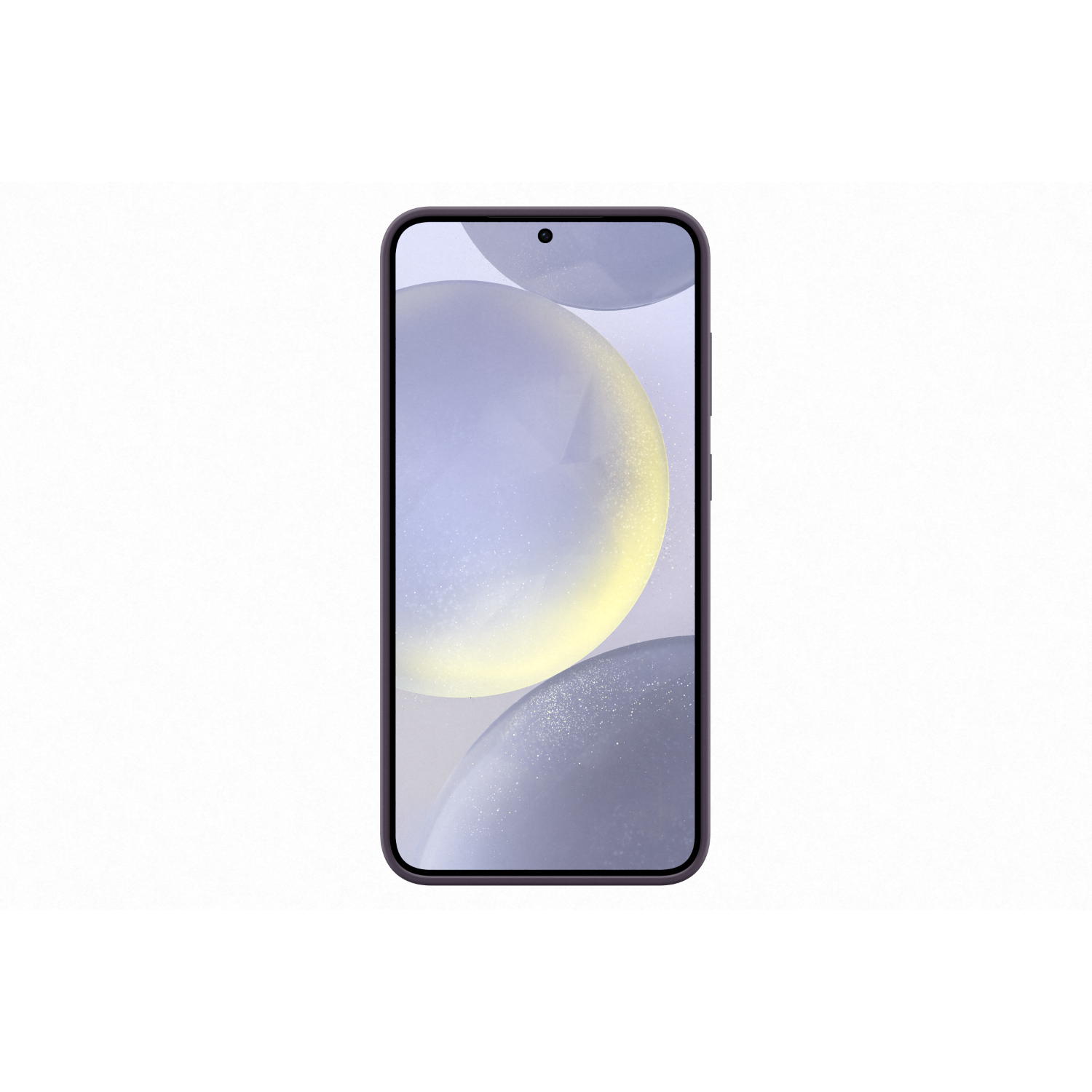 A smartphone on white, displaying a wallpaper with colored spheres and the Galaxy S24+ logo.