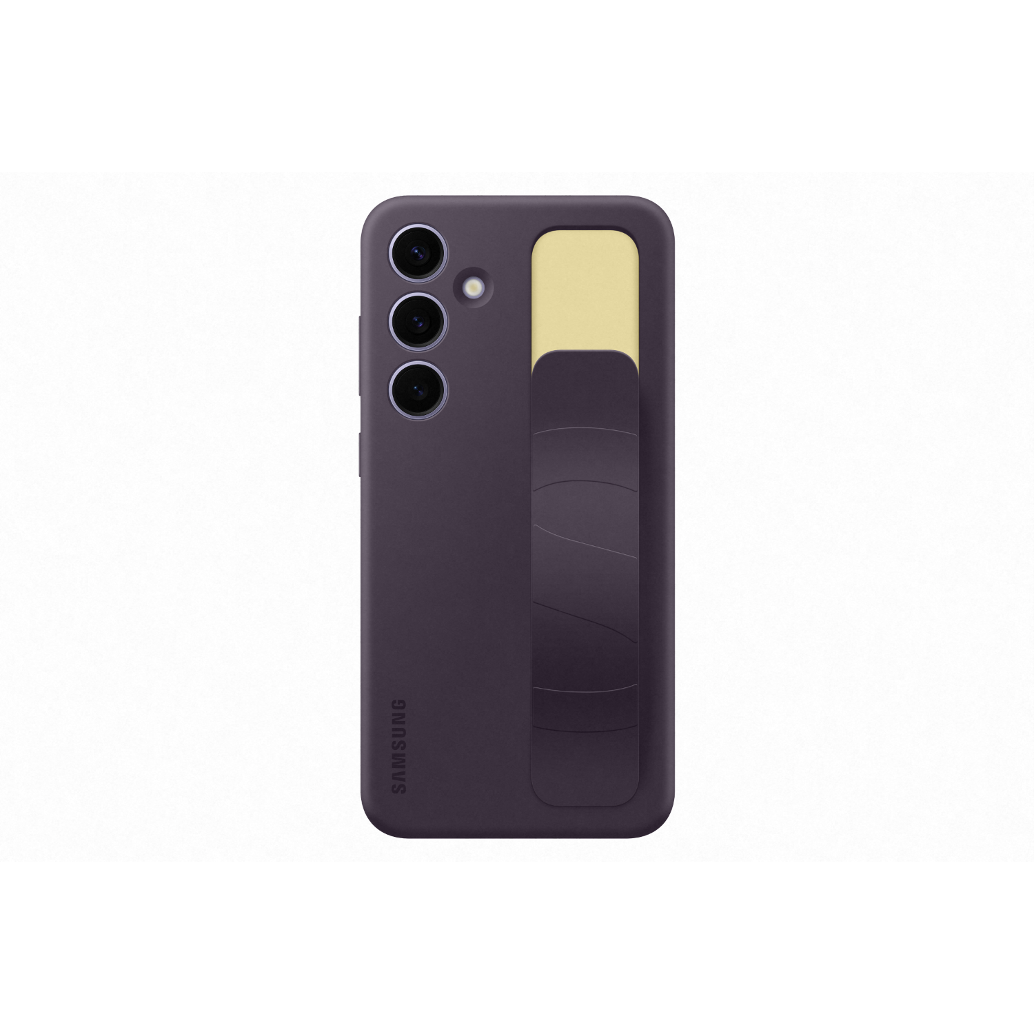 Purple phone case with camera cutouts, a yellow strap, and the Samsung logo.