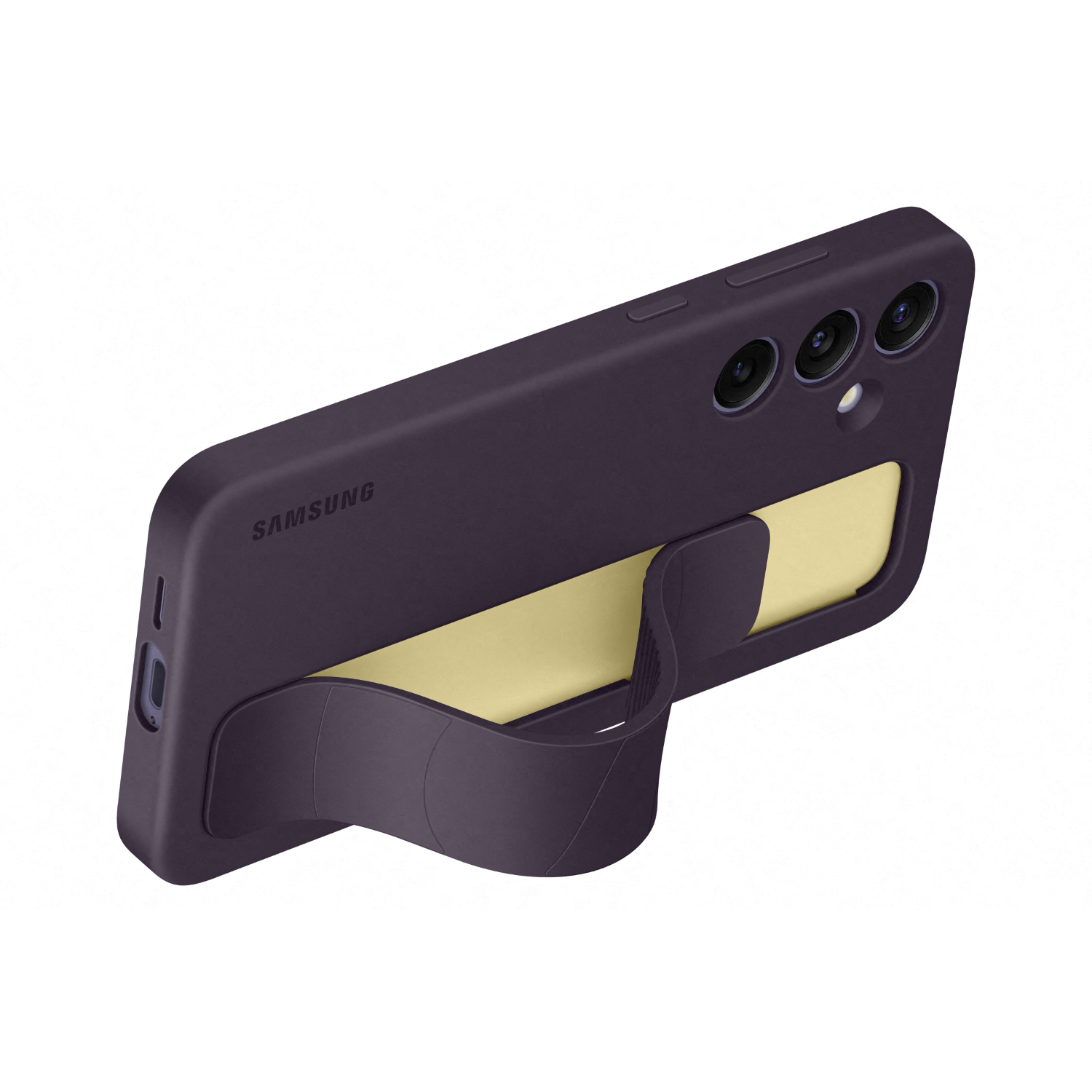Purple phone case with a stand. The phone case has three cameras.