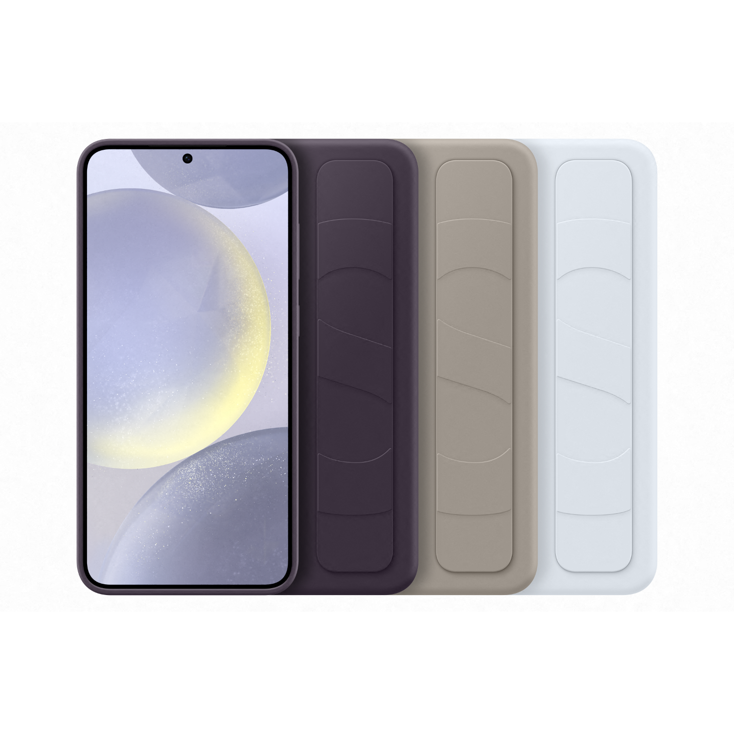 Smartphone with screen showing floating gray orbs, with three colored cases. White background.