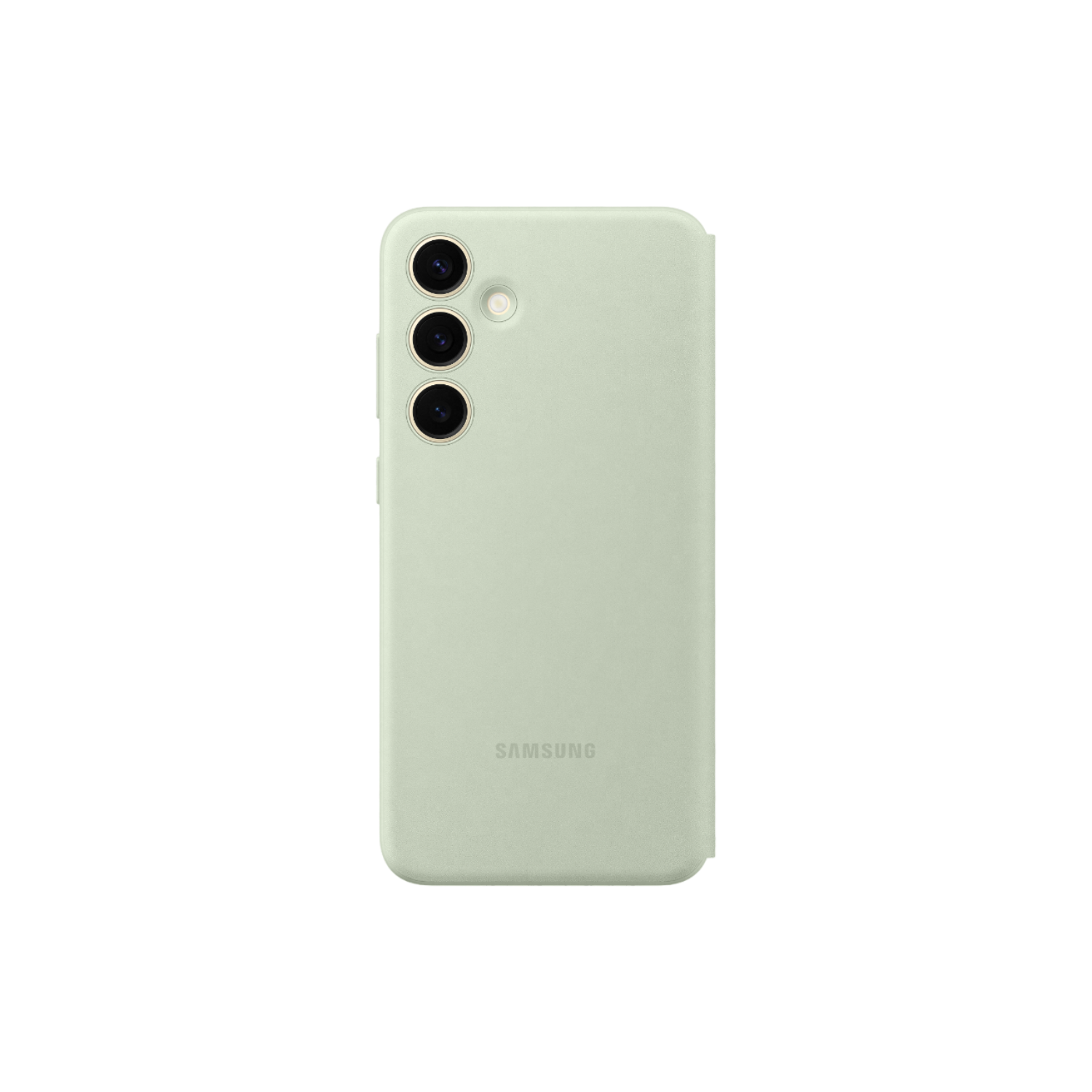 Lichtgroene telefoonhoes met drie camera-uitsparingen en een Samsung-logo. De hoes heeft saliegroene kleur.