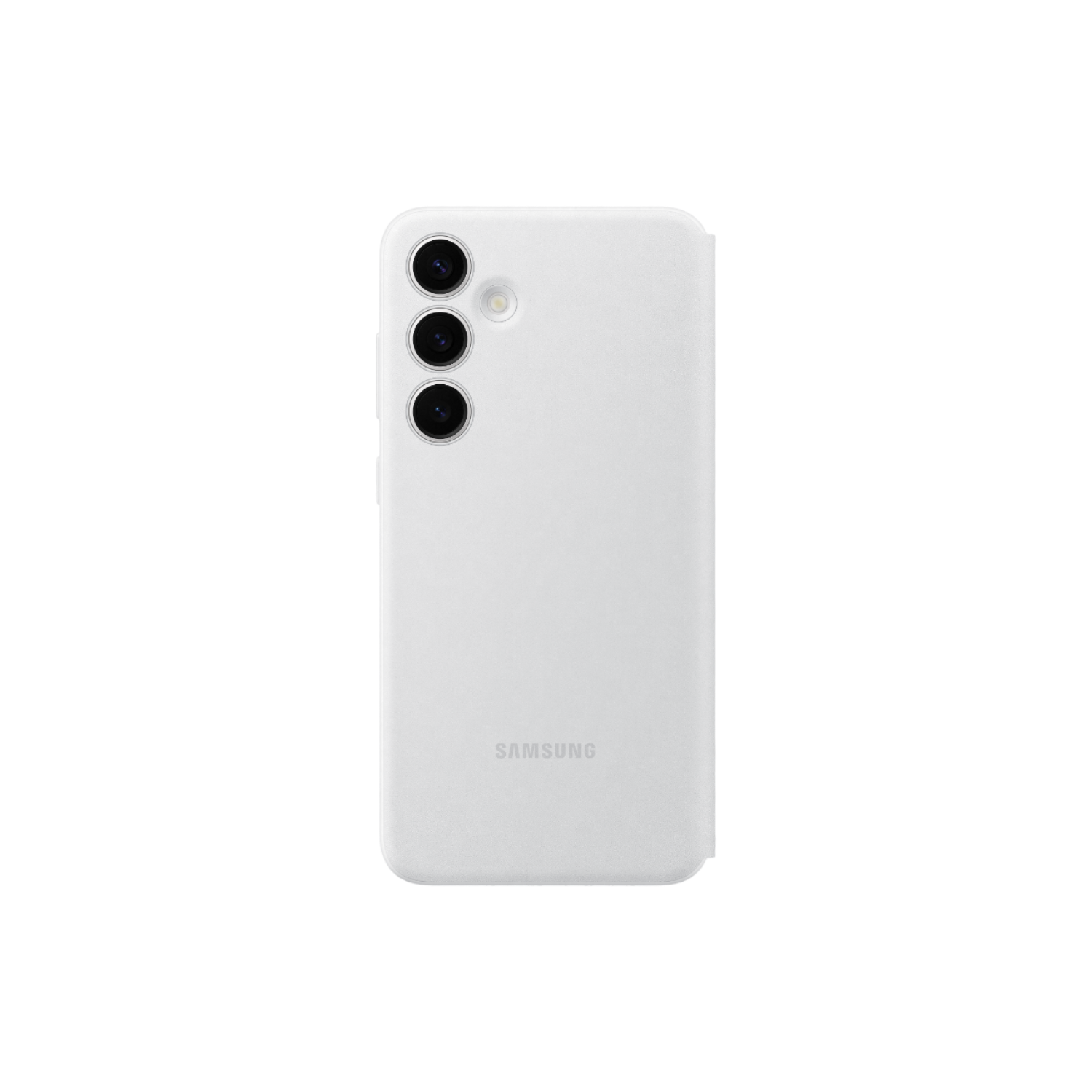 Een witte Samsung telefoonhoes met drie cameralenzen op de achterkant, op een zwarte achtergrond.