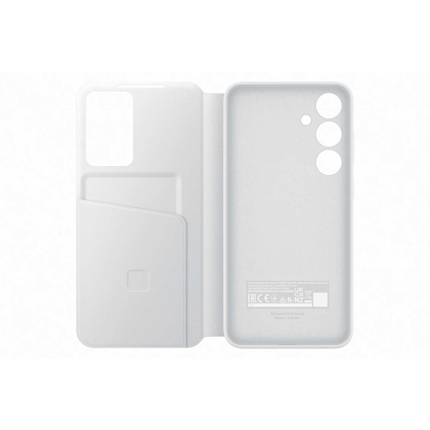 Witte telefoonhoes met telefoon erin. De hoes is open en toont de binnenkant. Witte achtergrond.