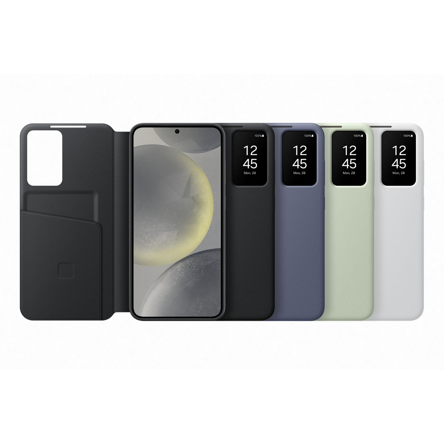 Meerdere telefoonhoesjes. Zwart, grijs, blauw, groen en wit, met telefoon erin, op witte achtergrond.