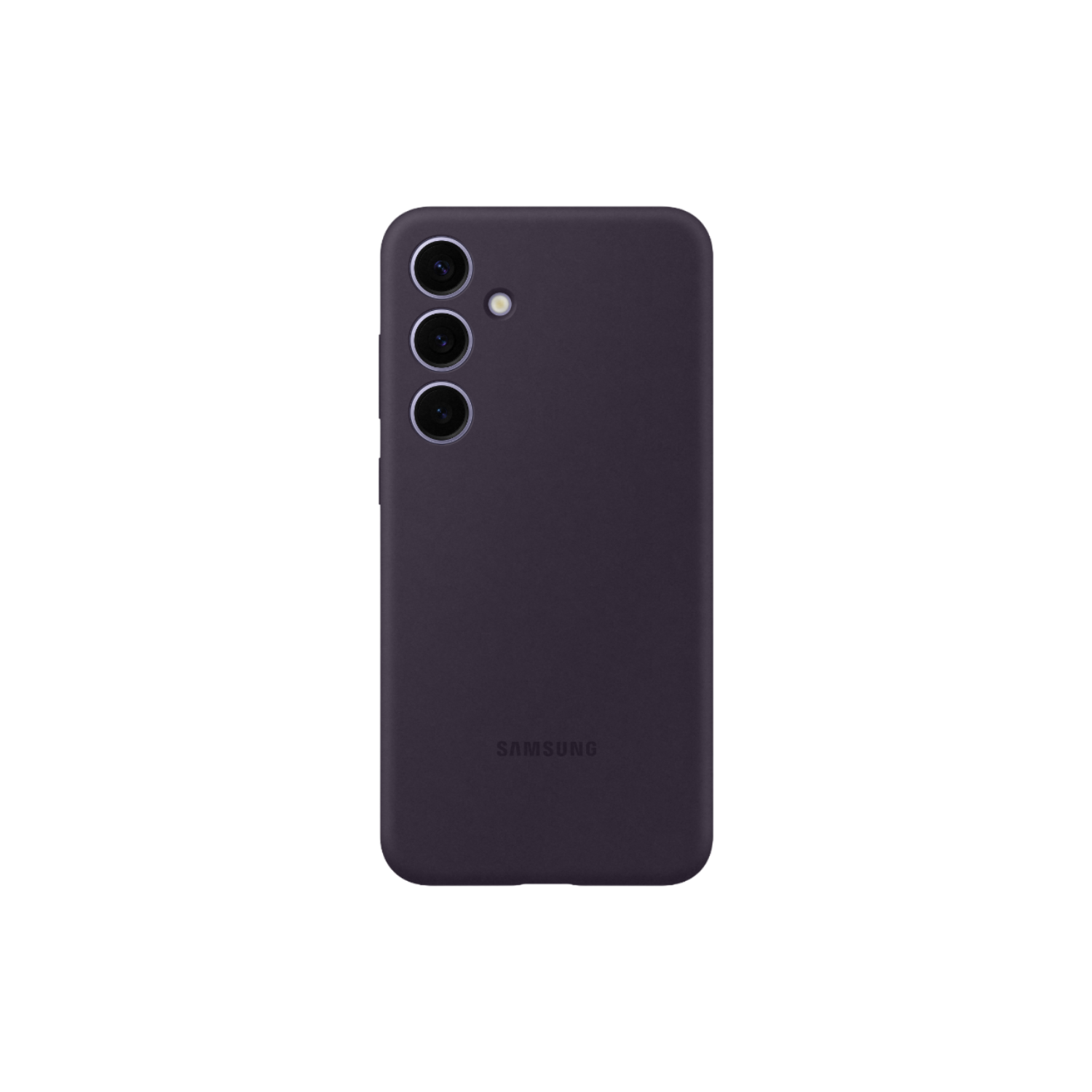 Paarse telefoonhoes met camera-uitsparingen, op een zwarte achtergrond.