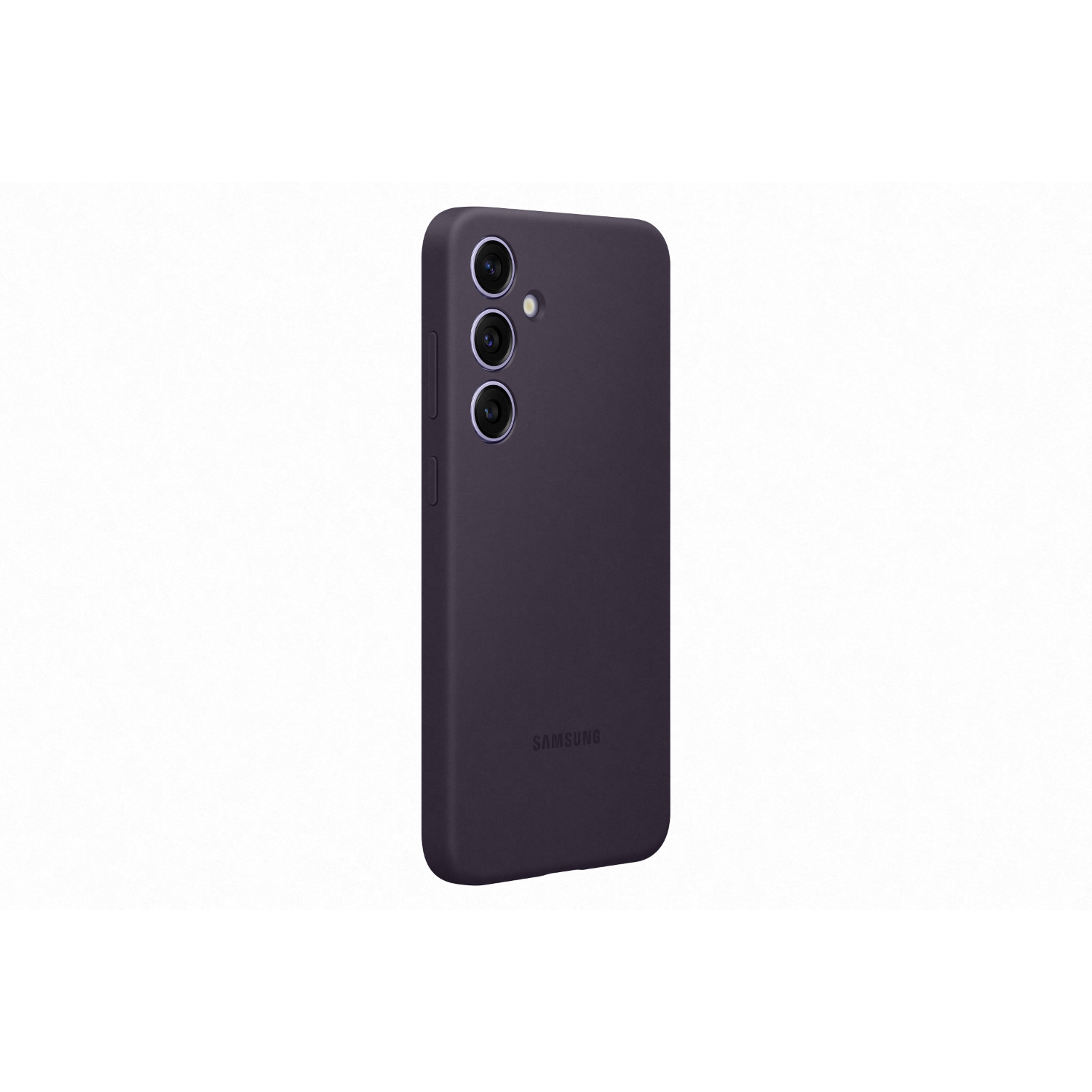 Paarse telefoonhoes met camera-uitsparingen en Samsung-logo. Witte achtergrond.