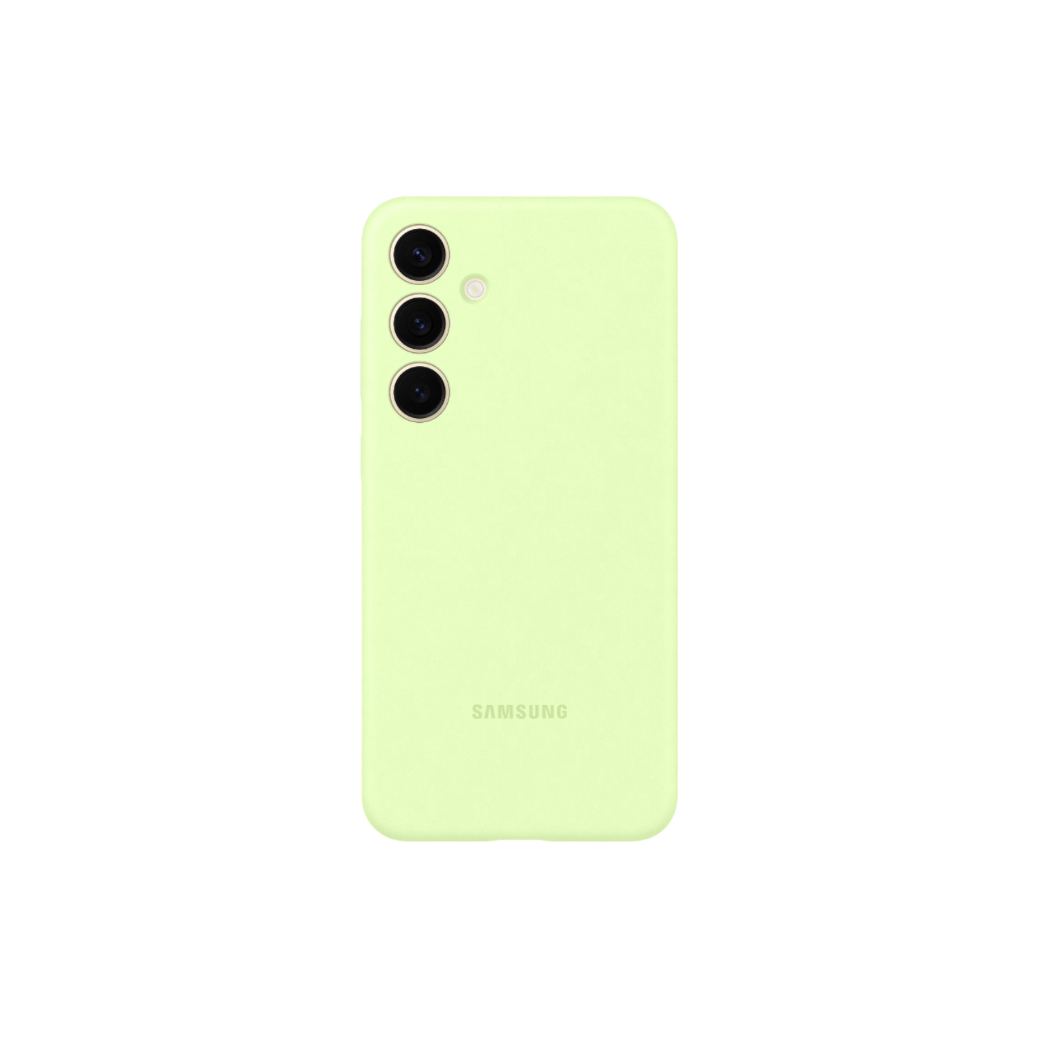 Lichtgroene telefoonhoes. Drie cameralenzen, Samsung-logo op de achterkant.