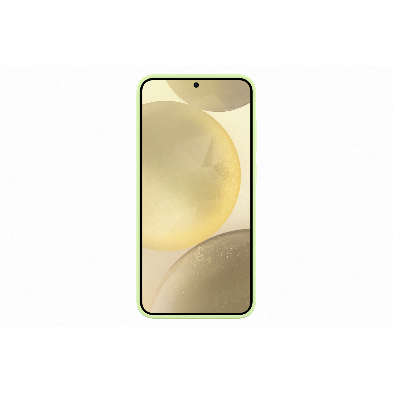 Een telefoon met een groen frame, met abstracte gele en beige bollen.