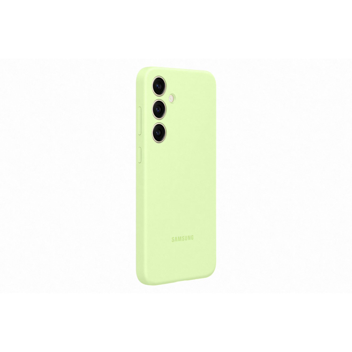 Een lichtgroene telefoonhoes met camera-uitsparingen op een witte achtergrond.