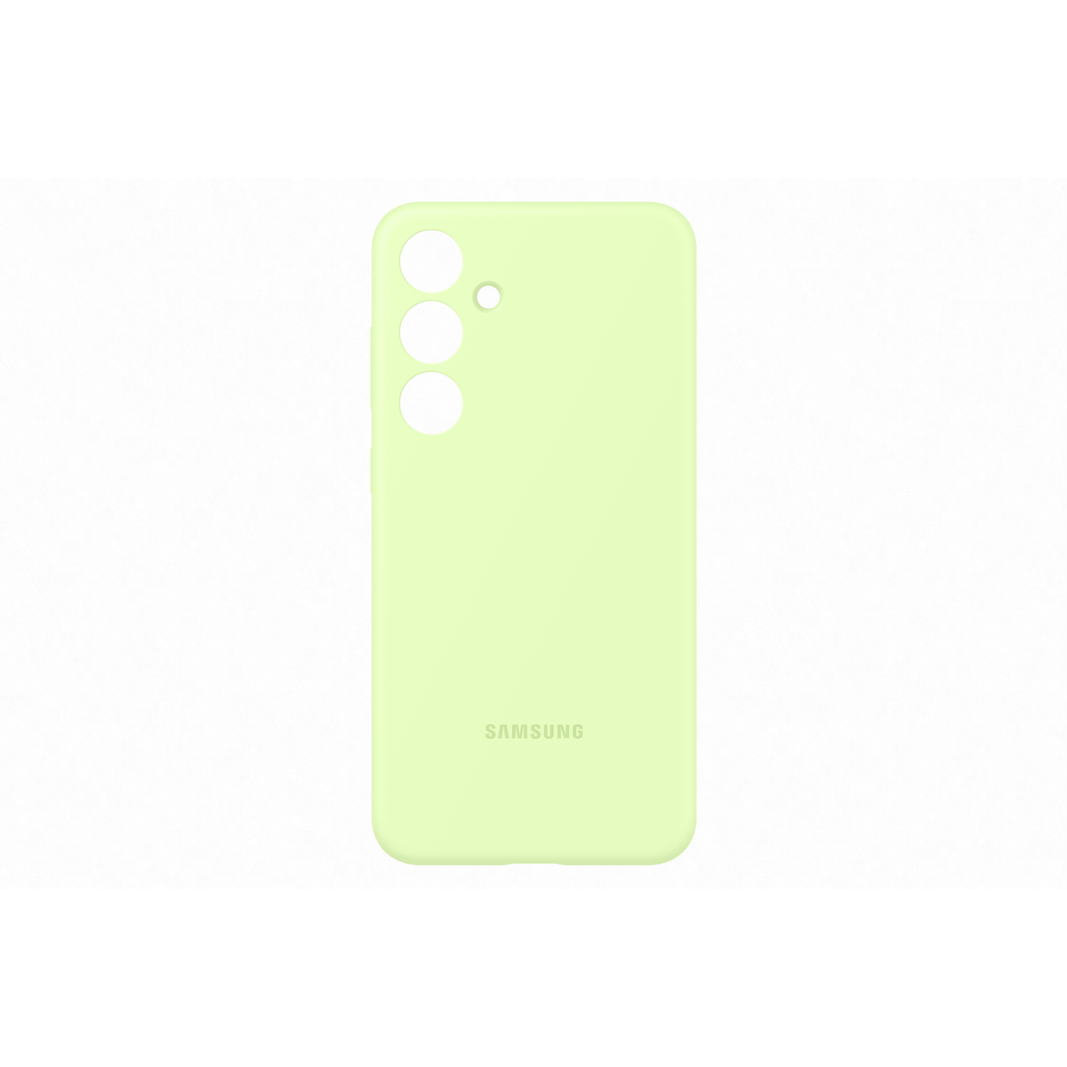 Lichtgroen telefoonhoesje. Drie camera-uitsparingen. Samsung logo onderaan. Witte achtergrond.