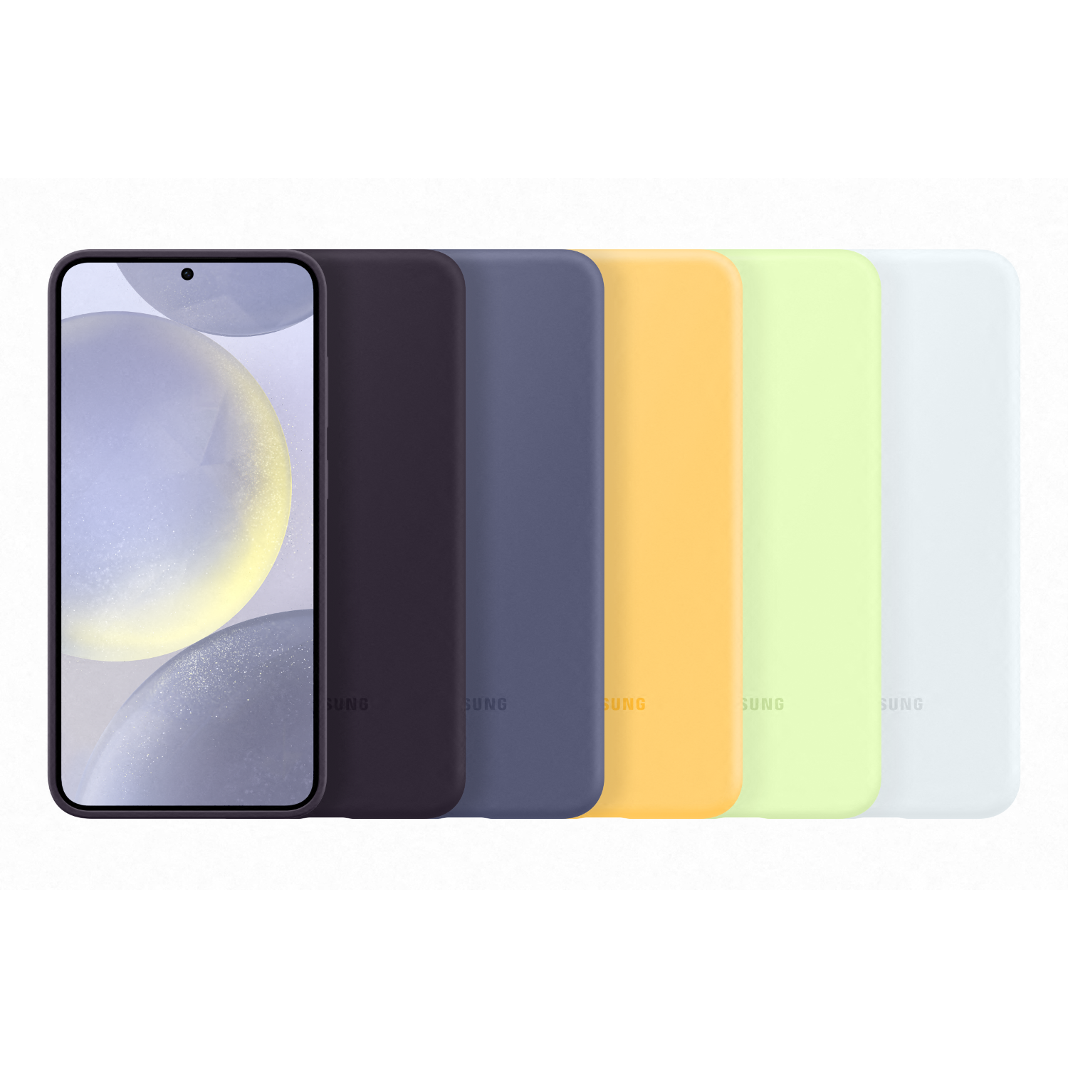 Een smartphone toont een wazige afbeelding naast vijf gekleurde telefoonhoesjes: paars, blauw, geel, groen en lichtblauw.
