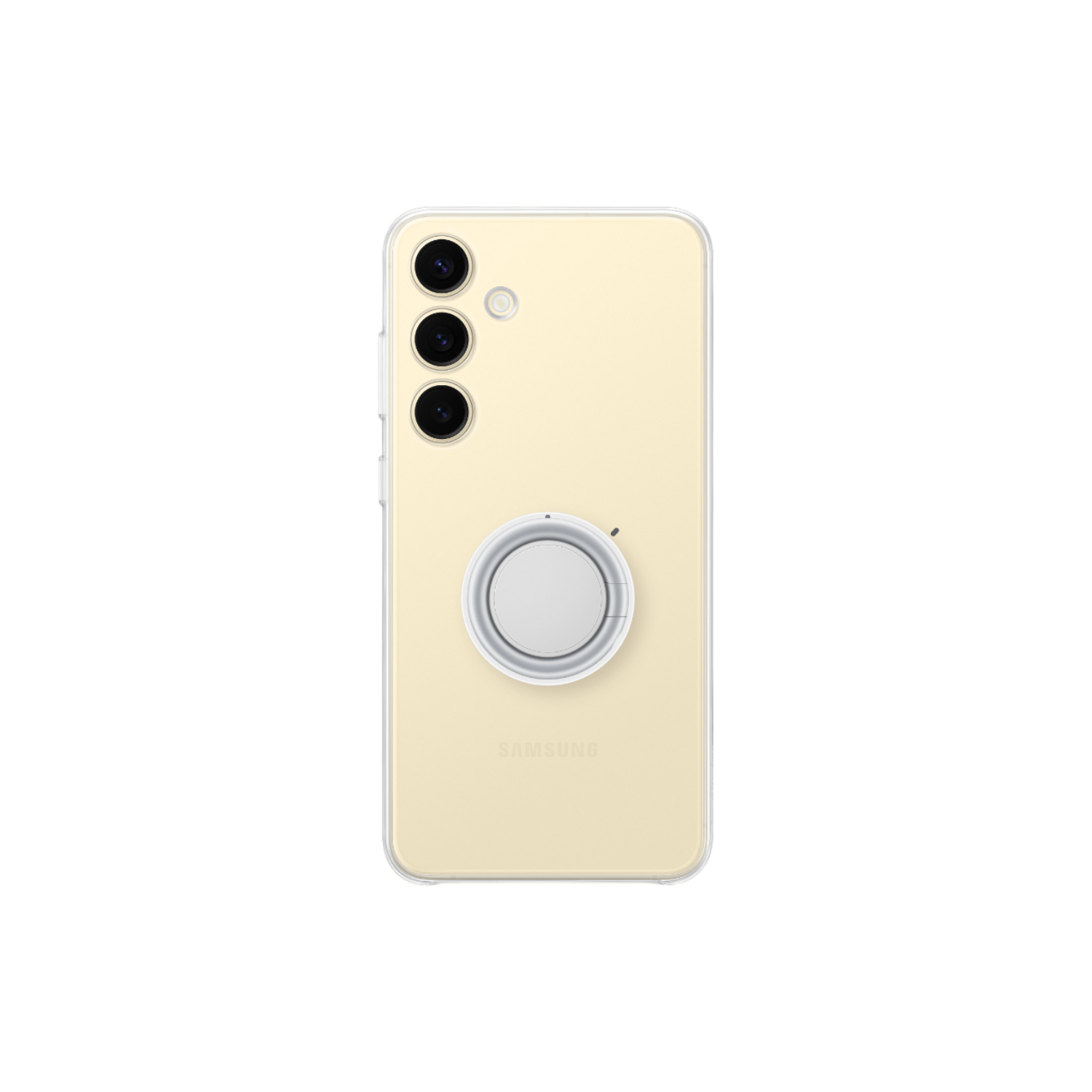A light yellow Samsung phone case with camera cutouts and a silver ring holder.