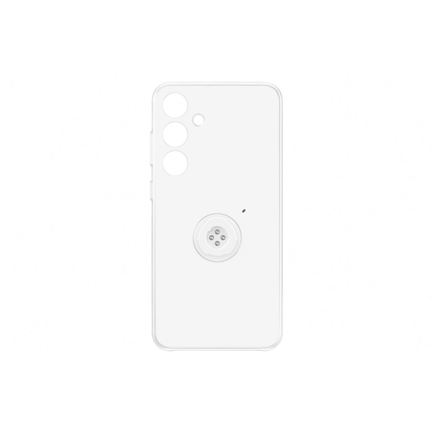 White phone case with a circular attachment. Three camera holes are visible. White background.