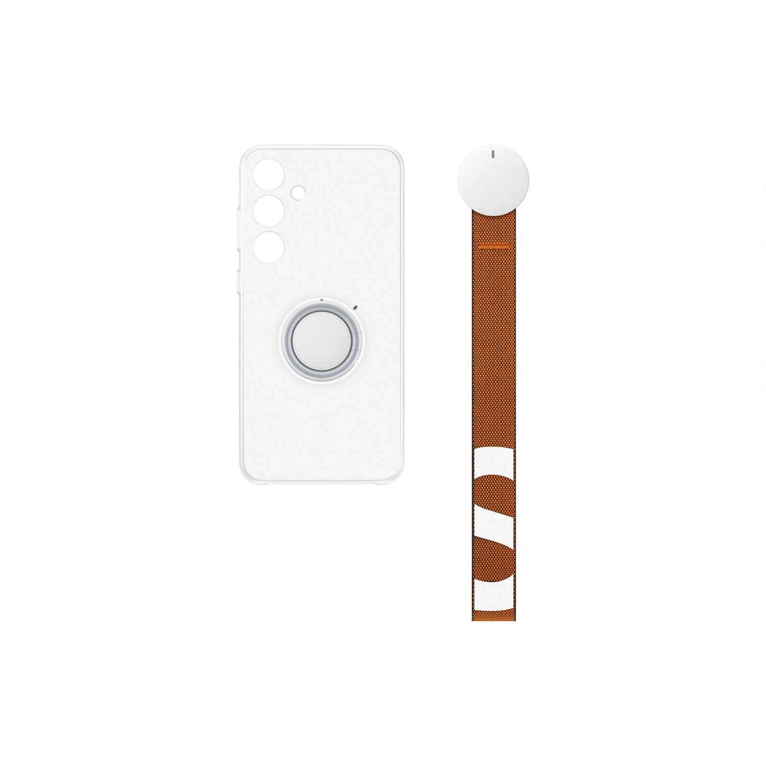 White phone case, a ring grip, and a strap. The strap is orange with white details.
