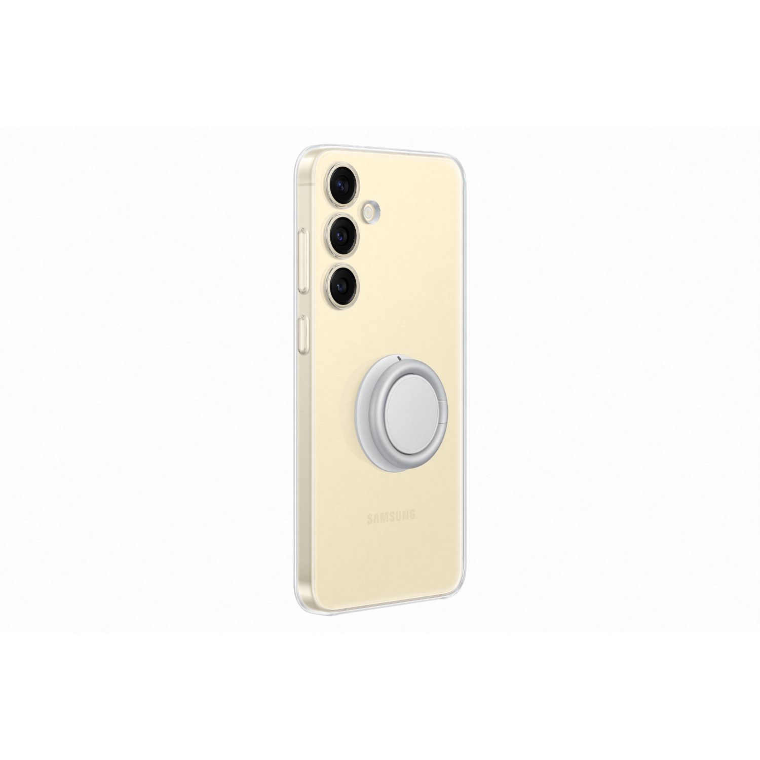 A phone with a clear case and a white ring holder is on a white background.