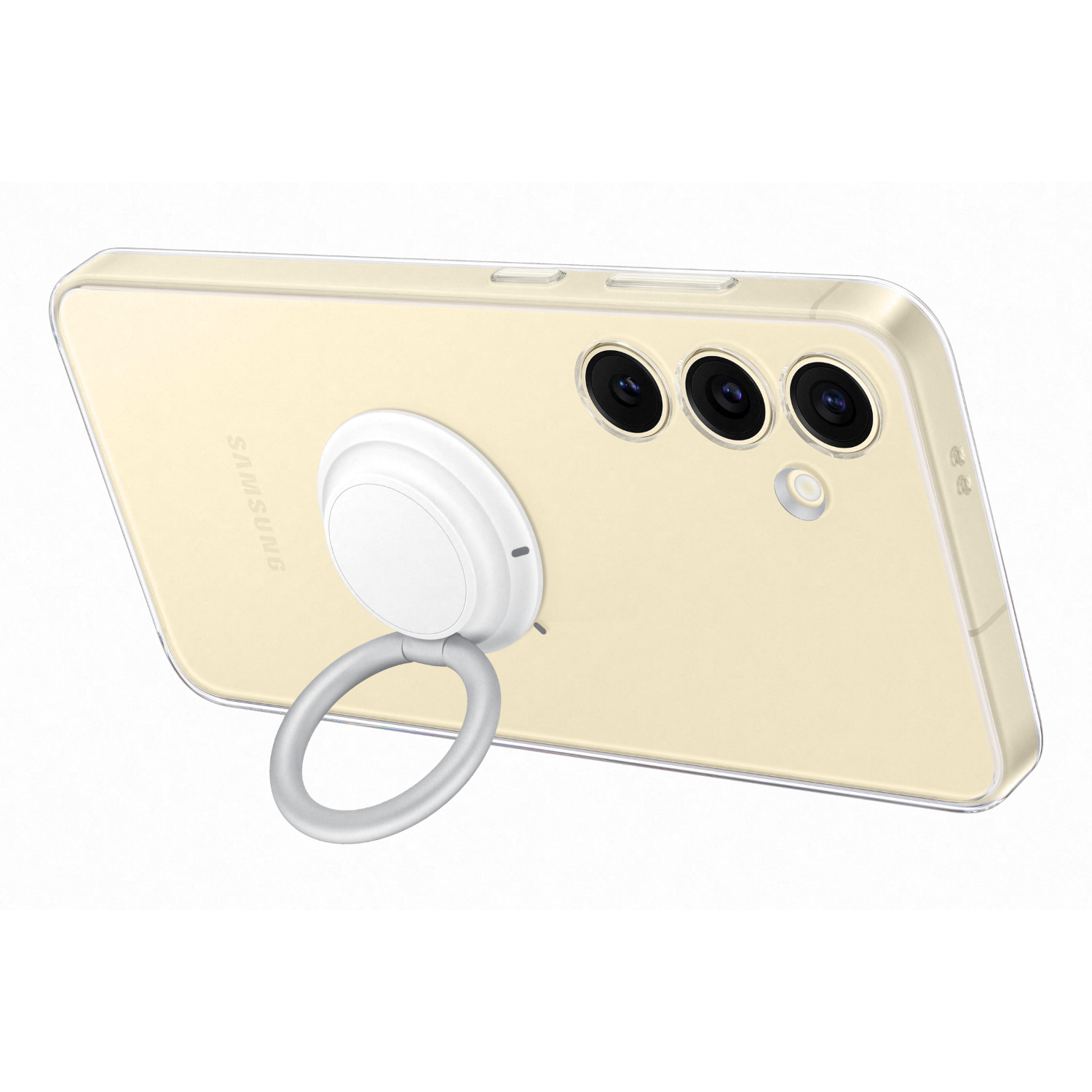 A phone with a clear case and a white ring holder attached to the back. The Samsung logo is visible.