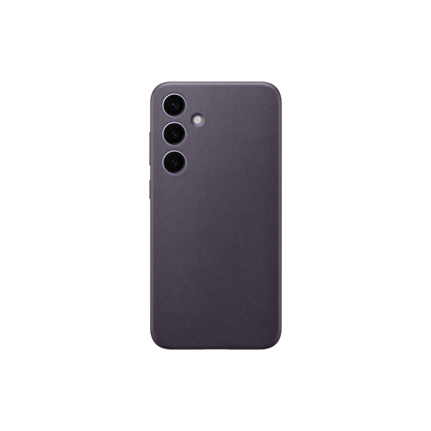 Paarse Samsung telefoonhoes, achteraanzicht met camera's. Effen kleur, eenvoudig ontwerp.