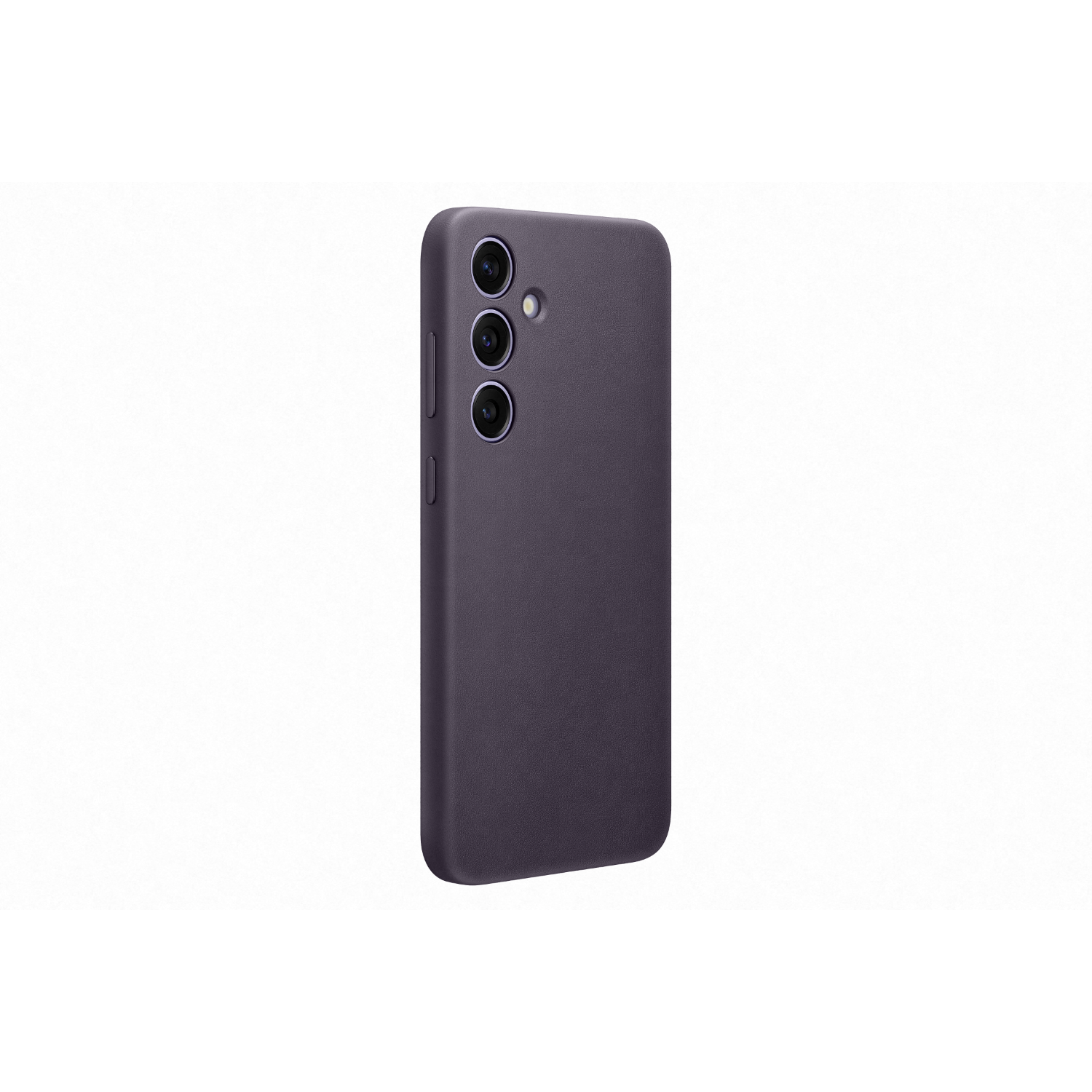 Paars telefoonhoesje, drie cameralenzen bovenaan. Samsung logo onderaan. Witte achtergrond.