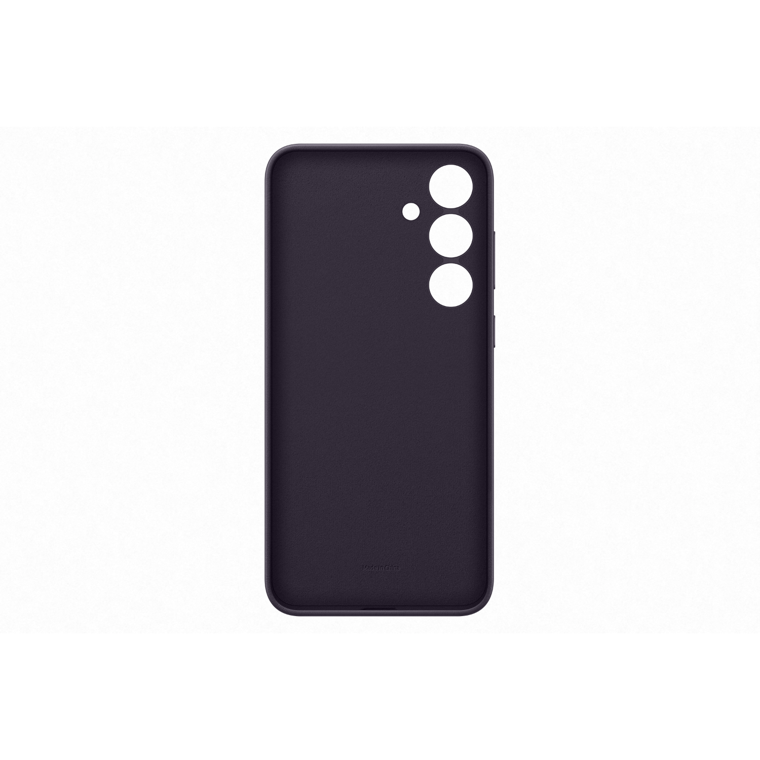 Een donkerpaarse telefoonhoes met drie camera-uitsparingen. Zwarte achtergrond.