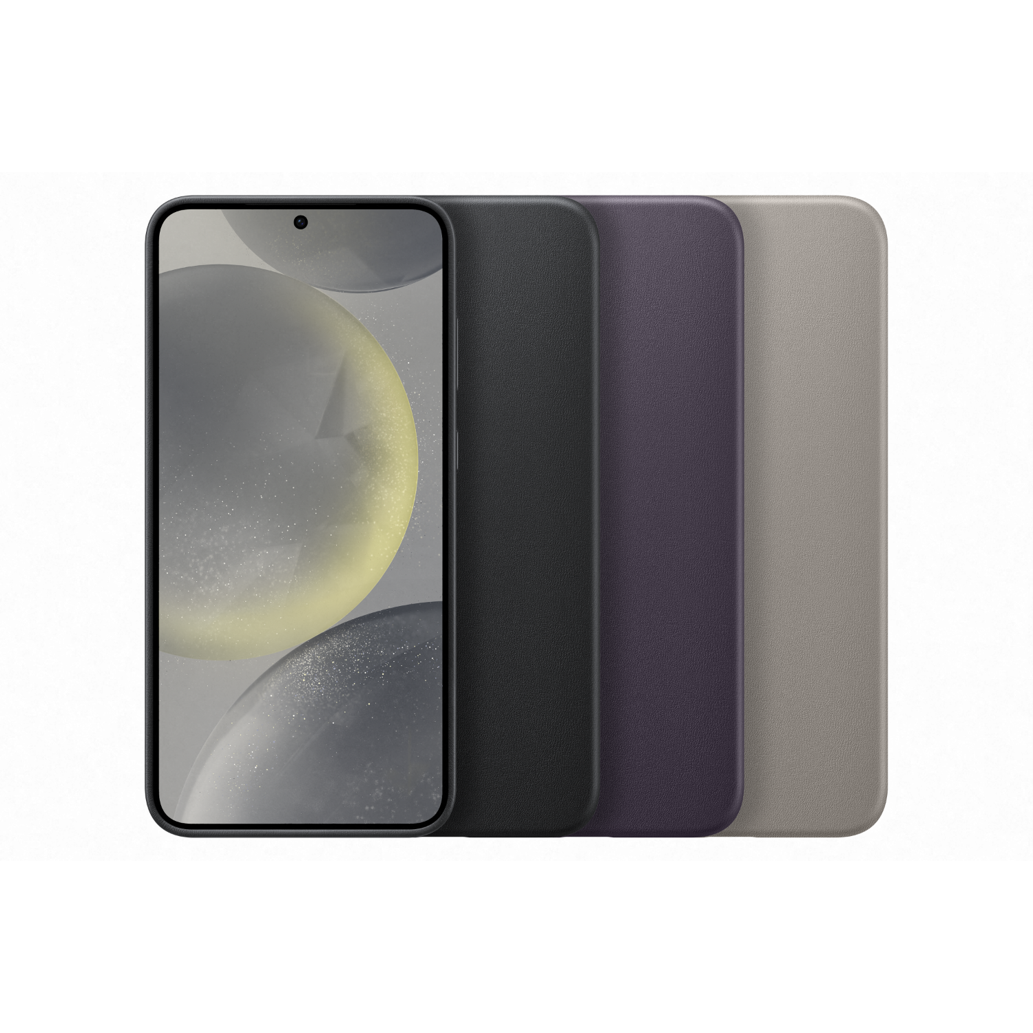 Vier telefoonhoesjes in zwart, donkergrijs, paars en grijs, met een telefoon links.