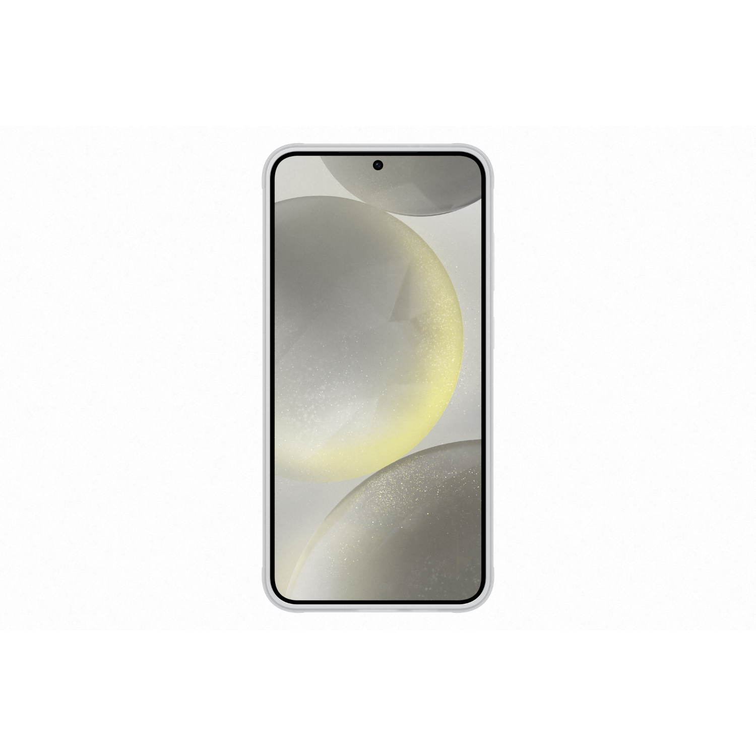 Silver phone with screen showing blurred orbs. The phone is on a white background.