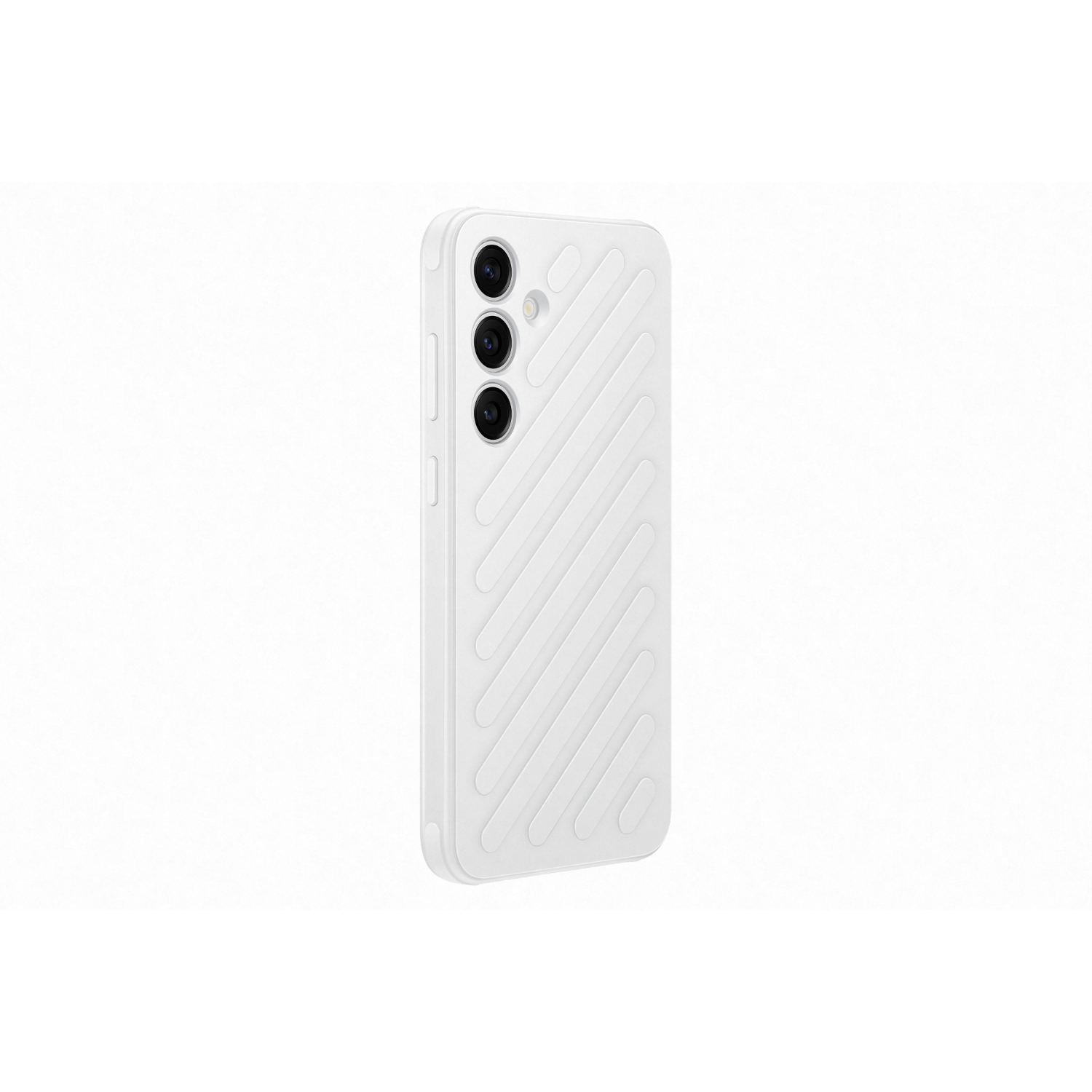 White phone case with three camera cutouts, angled view.