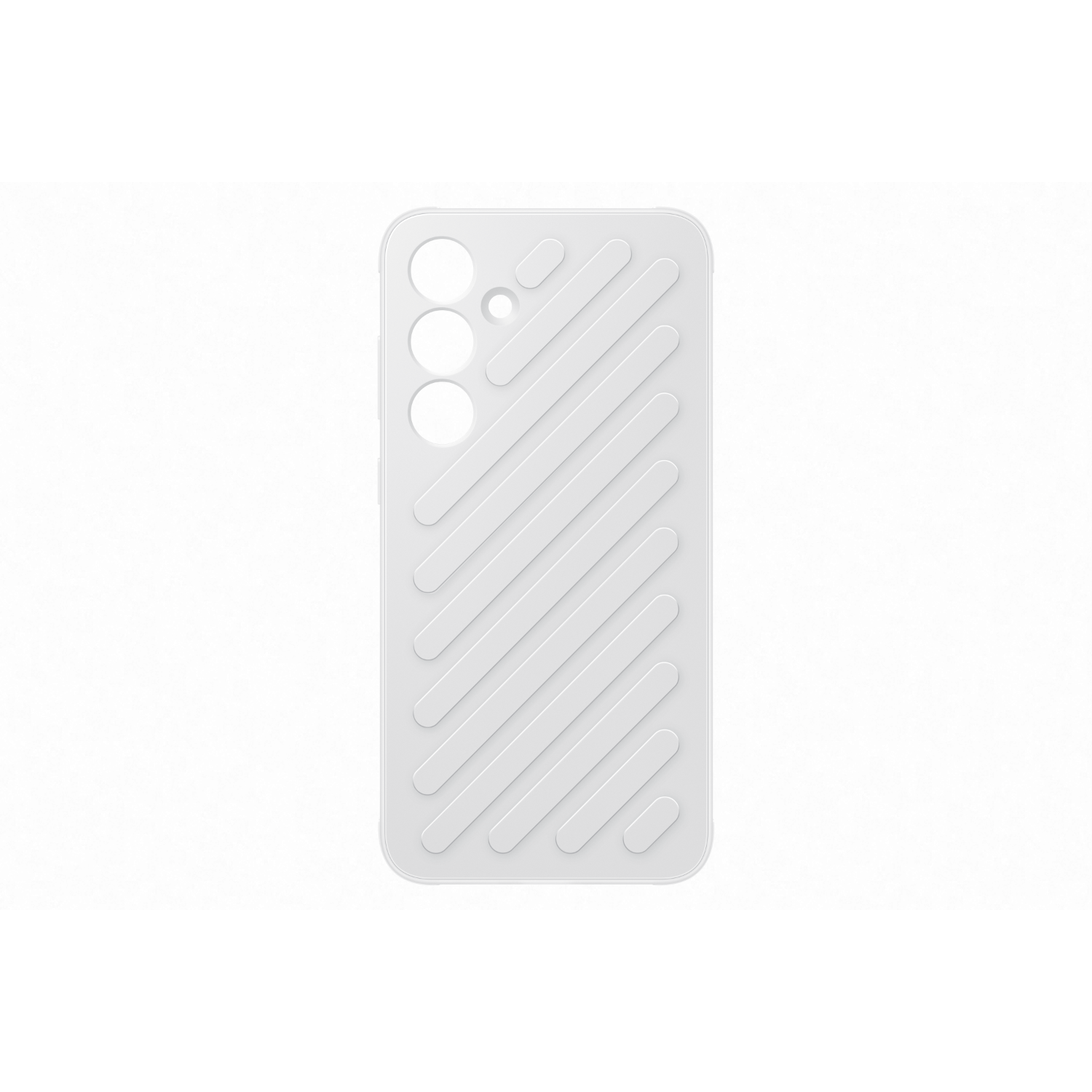 A white phone case with diagonal lines, with three cameras visible.