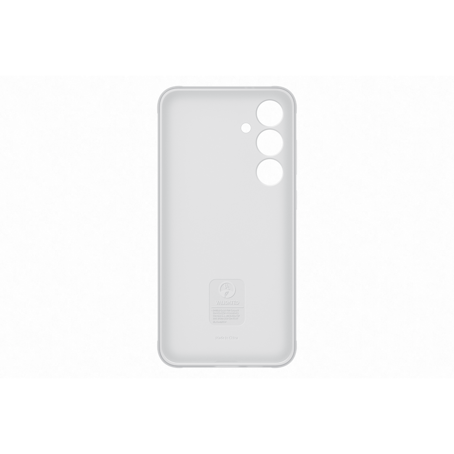 Clear phone case with three camera holes, a logo, and text.