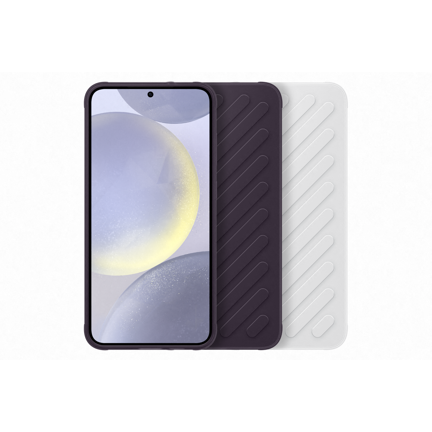 A phone with a screen and two cases, black frame with a white and purple case.
