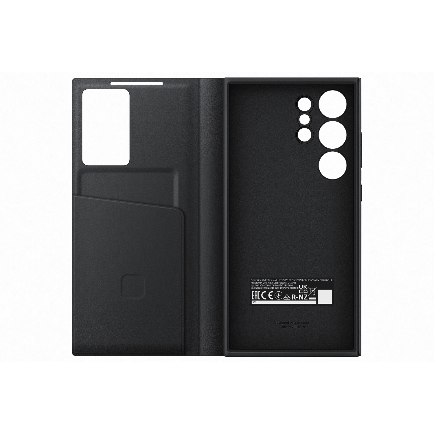 Black phone case, open, with card slots and details, on a white backdrop.