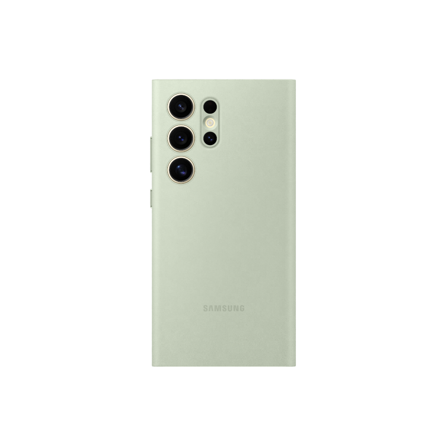 Lichtgroene telefoonhoes voor Samsung. Toont drievoudige camera en Samsung-logo op zwarte achtergrond.