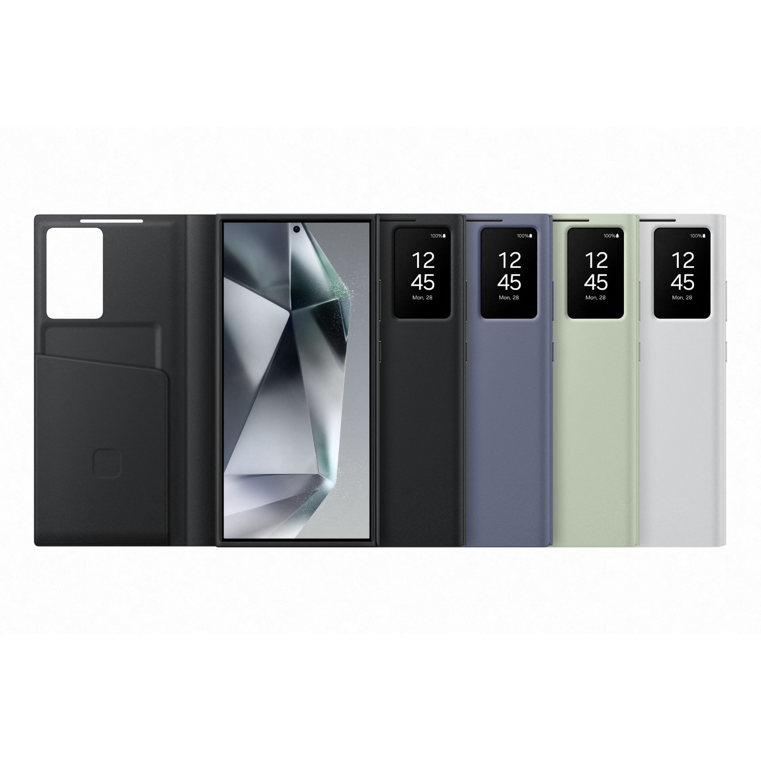 Een rij open telefoonhoesjes in verschillende kleuren, met het scherm van de telefoon zichtbaar. Elk toont een tijd.