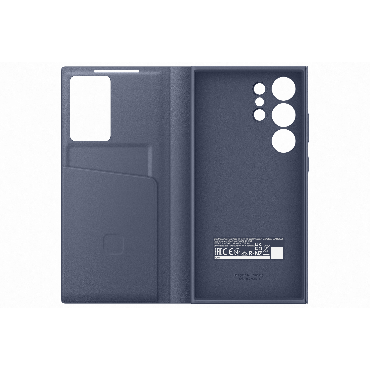 Open blauwe Samsung telefoonhoes, interieur zichtbaar. Bevat kaartsleuven en een label met tekst.