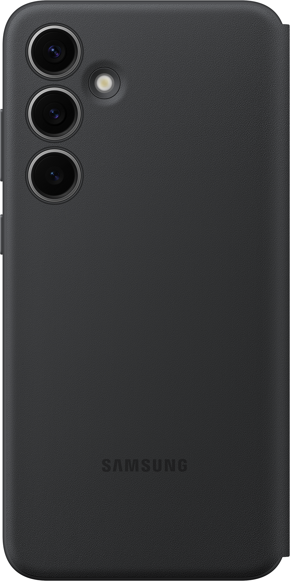 Custodia grigio scuro con tre lenti della fotocamera, un flash e il logo Samsung.