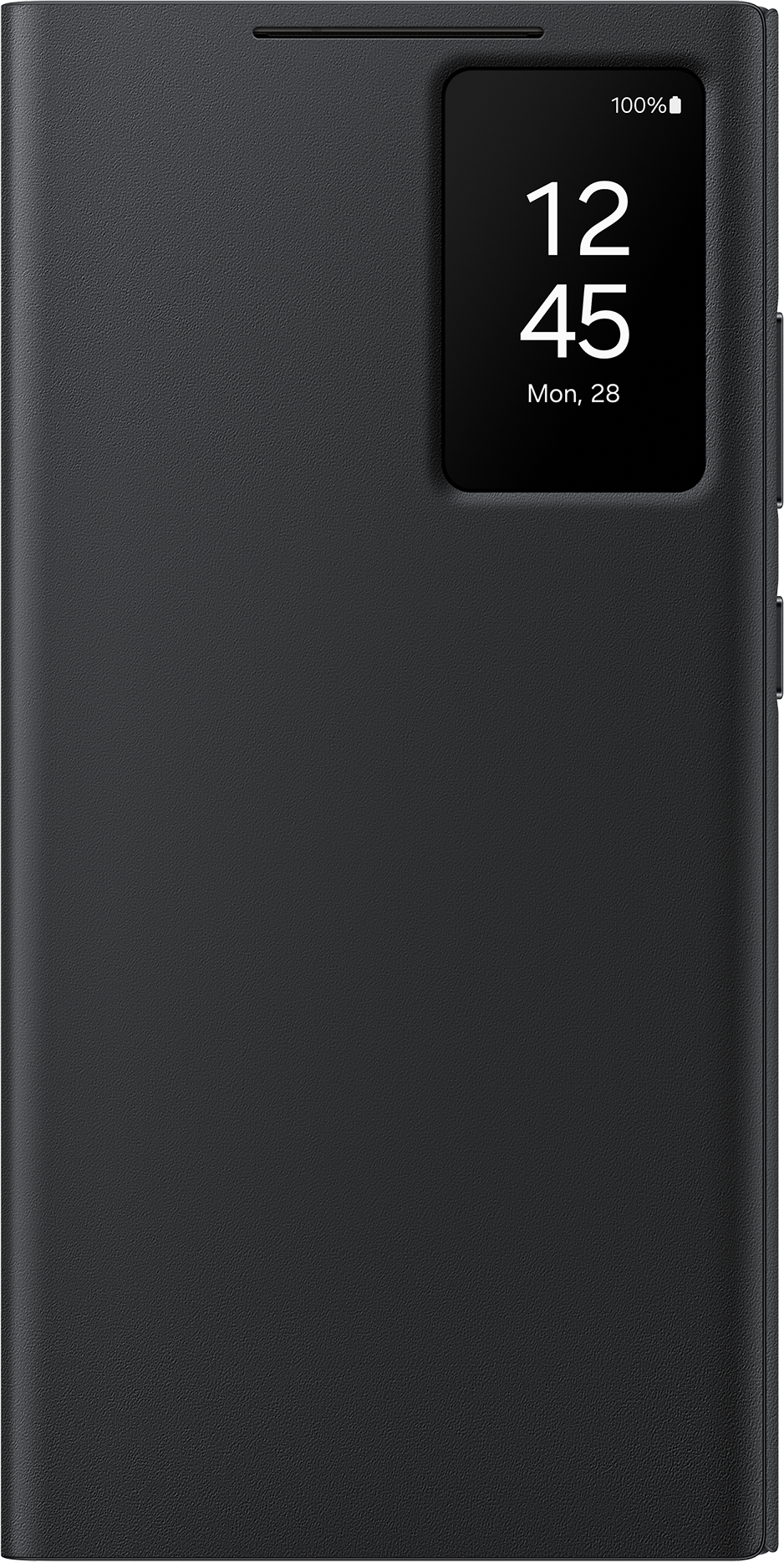 Custodia del telefono nera chiusa, che mostra un display con ora e data.