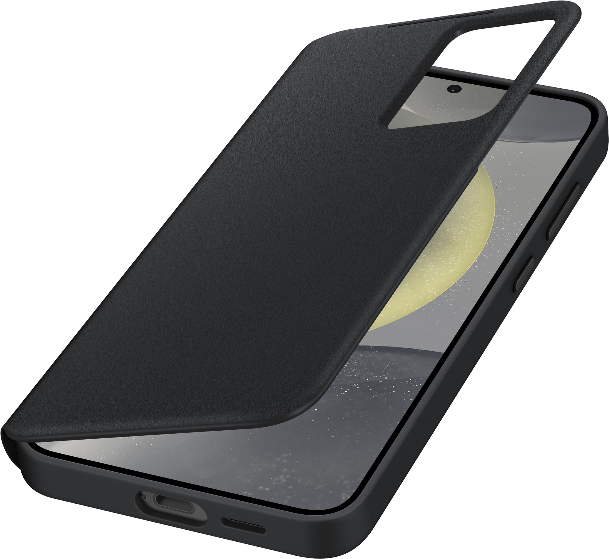 Un telefono nero con una custodia nera che lo copre parzialmente. Lo schermo mostra un'immagine sfocata. Sfondo scuro.