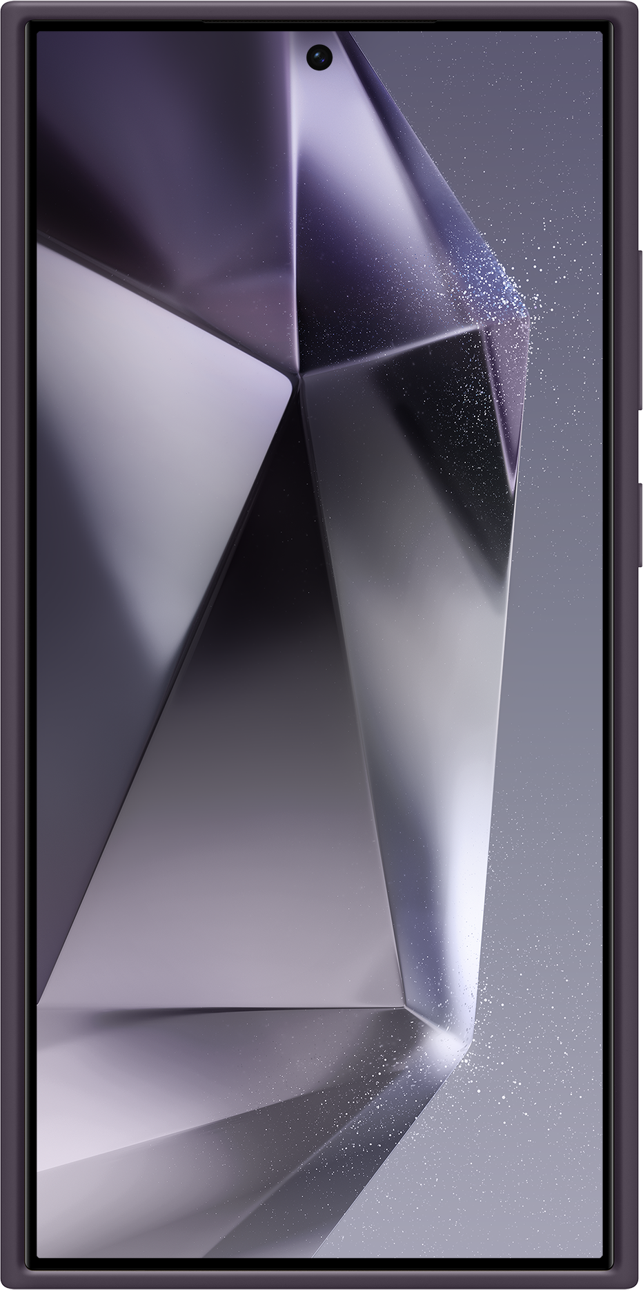 Primo piano di uno schermo del telefono che mostra un design geometrico nei toni del grigio e del viola.