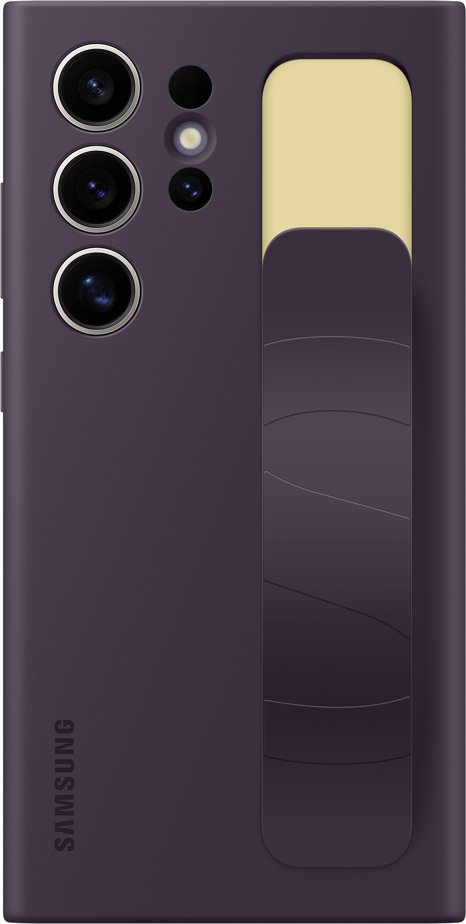 Una custodia per telefono viola scuro con tre obiettivi, un logo Samsung e un supporto.