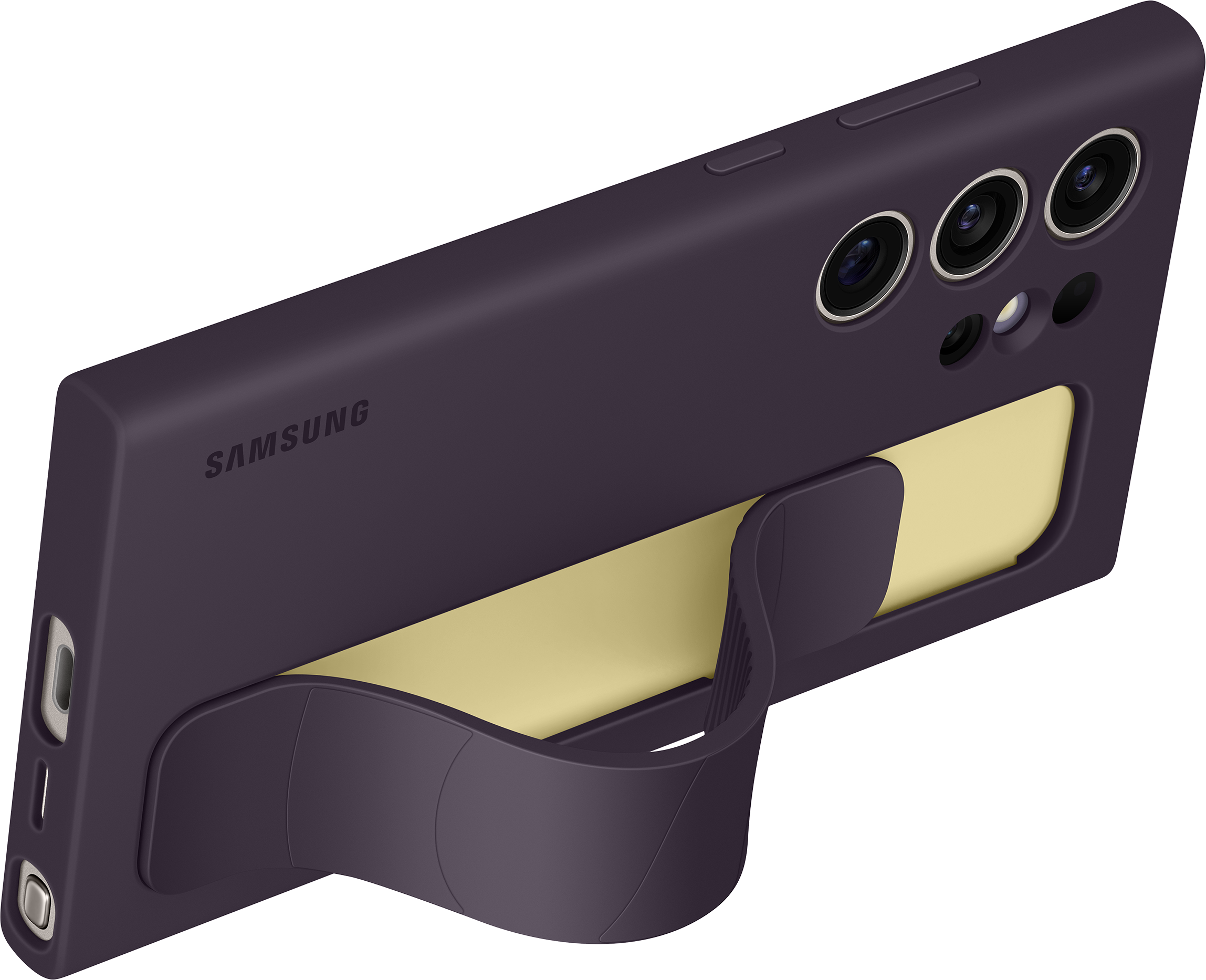 Una custodia per telefono viola con cinturino giallo e obiettivo della fotocamera.