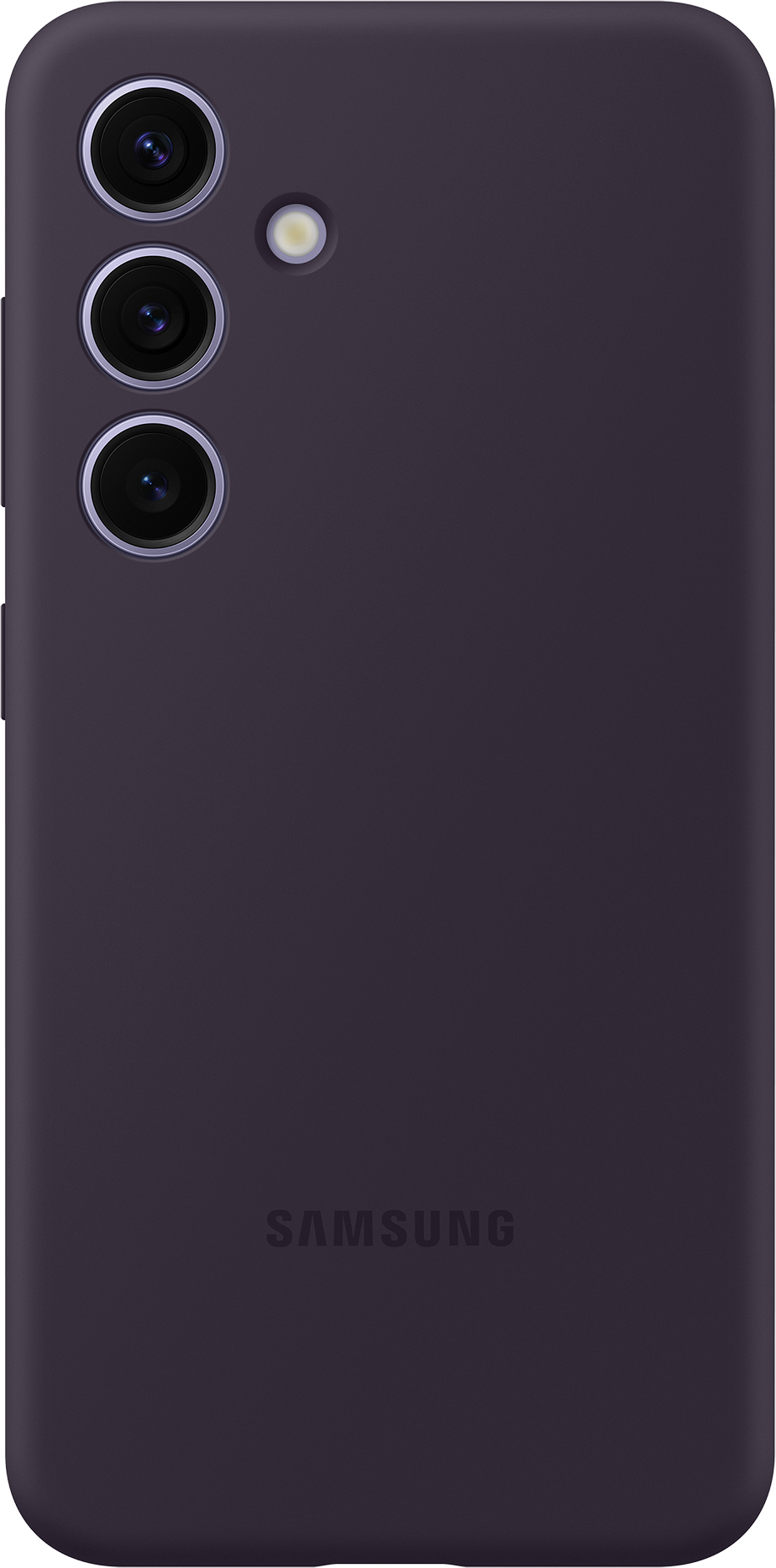 Dunkelviolettes Telefon mit drei Kameralinsen. Samsung-Logo unten. Weißer Hintergrund.