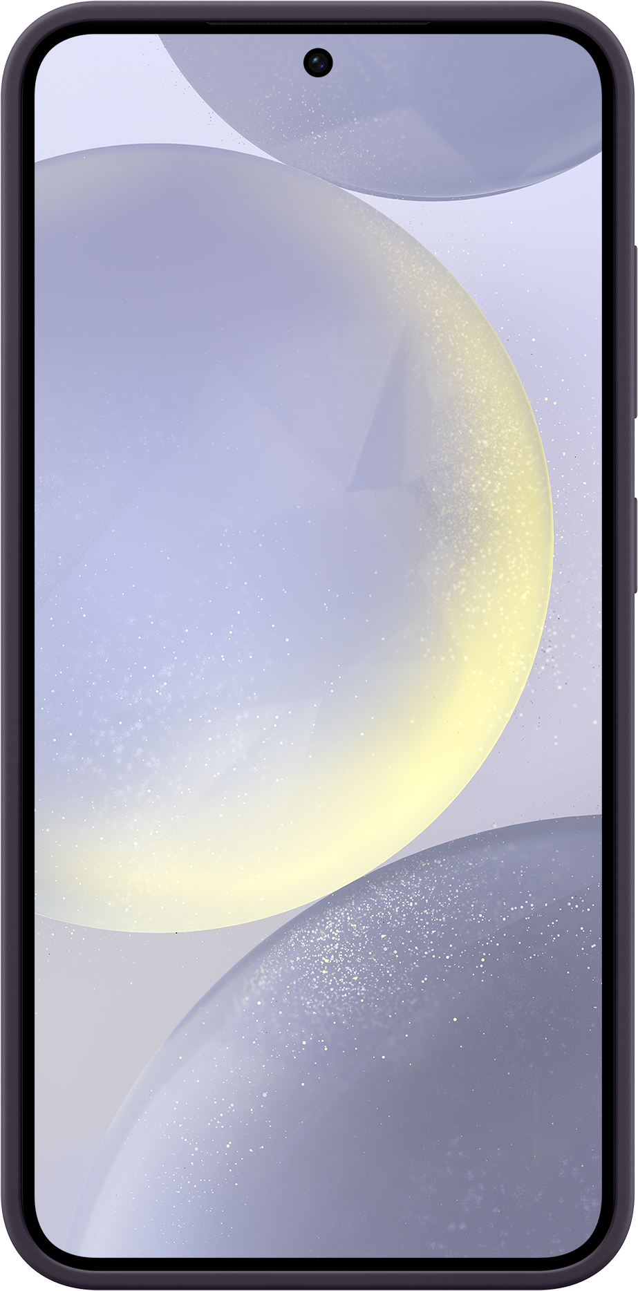 Nahaufnahme eines lilafarbenen Smartphones mit Kamera und verschwommenem Hintergrund.