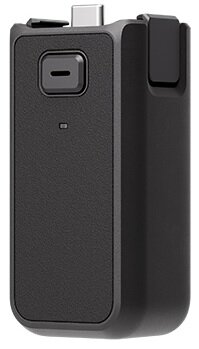 Małe czarne urządzenie z przyciskiem i portem USB-C. Prostokątny kształt z zaokrąglonymi rogami.