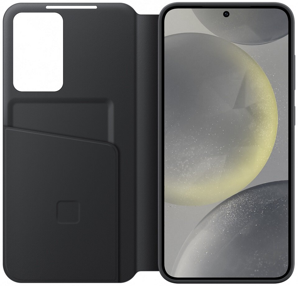 Czarne etui na telefon z miejscem na kartę i telefonem w środku, na białym tle.