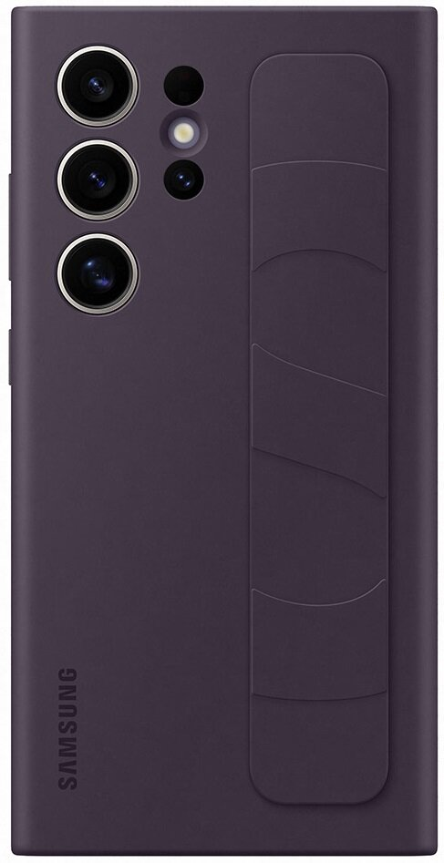 Fioletowe etui na telefon z obiektywami aparatu i podstawką. Logo Samsunga znajduje się na dole.