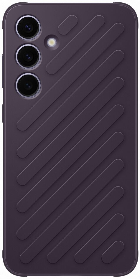Fioletowe etui z przekątnymi liniami i trzema aparatami z tyłu.