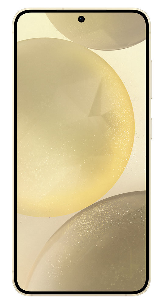 Złoty smartfon z ekranem pokazującym abstrakcyjne złote kule.