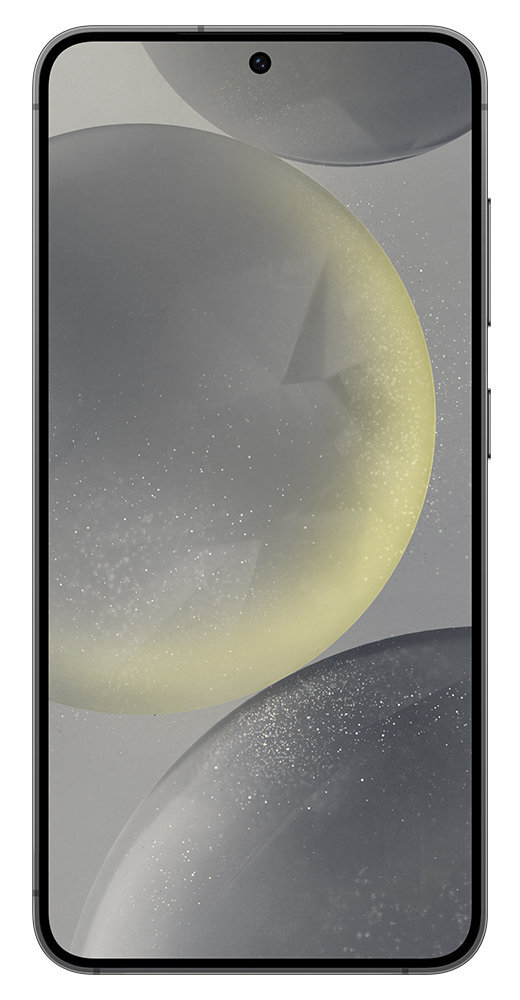 Smartfon z ekranem wyświetlającym szare i żółte sfery, przedni aparat.