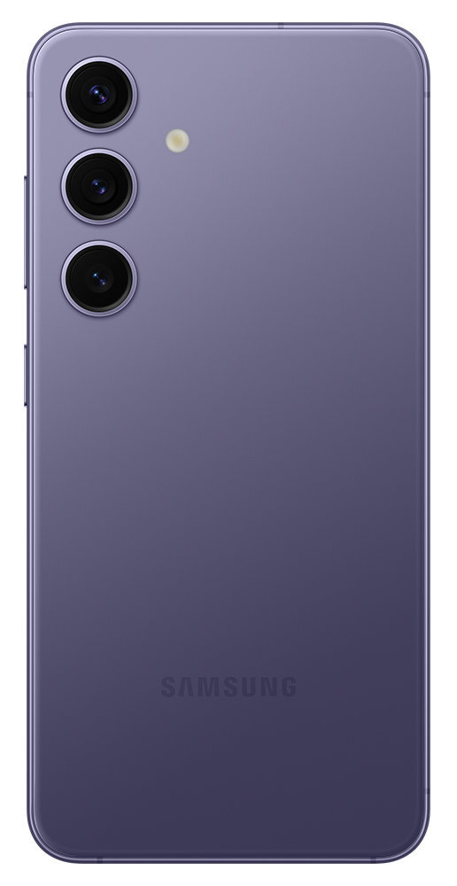 Szary telefon z trzema tylnymi aparatami i logo Samsung na białym tle.