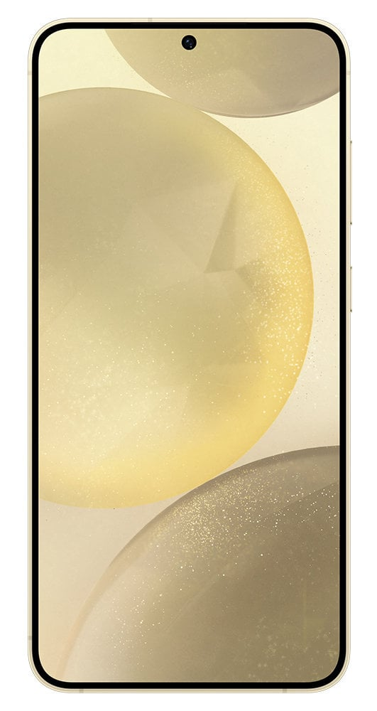 Telefon wyświetla abstrakcyjne żółte i szare bąbelki. Białe tło.
