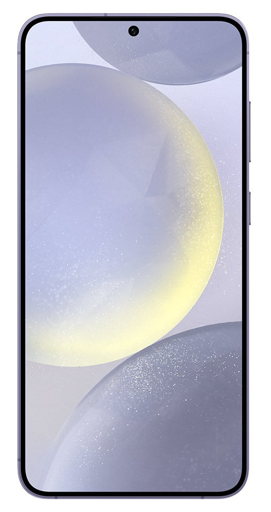 Telefon z ekranem wyświetlającym kule na jasnym tle. Telefon jest fioletowy.